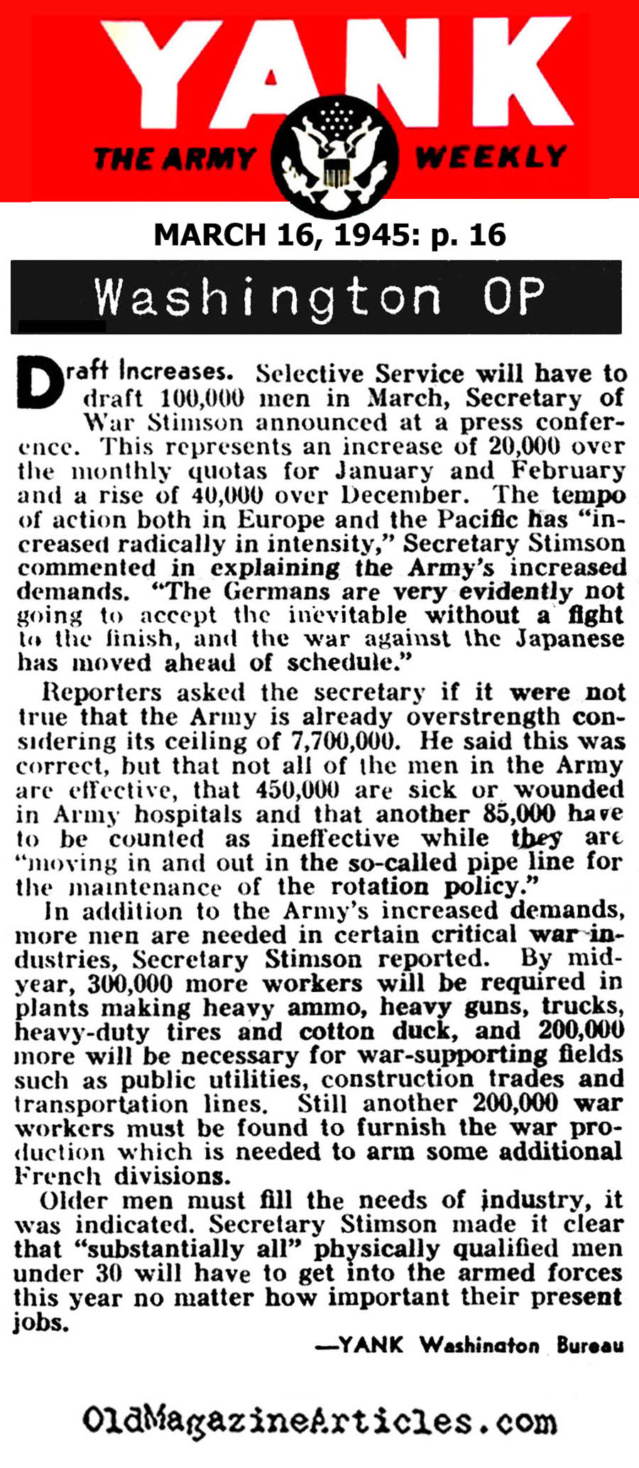 Late-War Draft  Increase Announced (Yank Magazine, 1945)